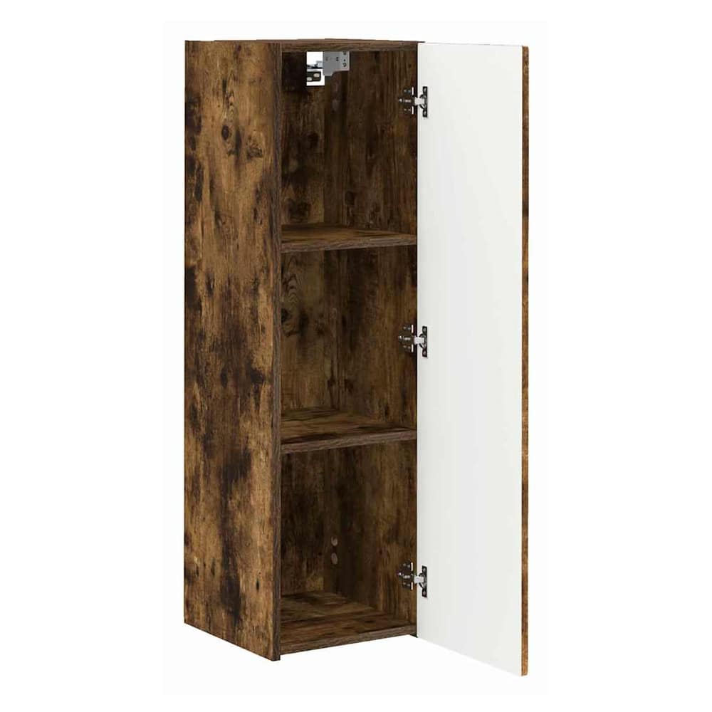The TV cabinet with its door open, revealing the interior shelves