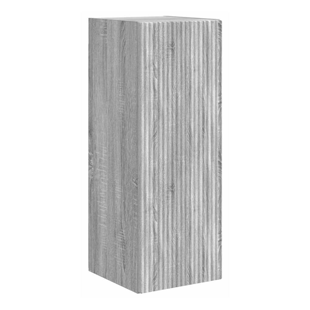 Close-up of the grey Sonoma engineered wood texture on the side of the cabinet