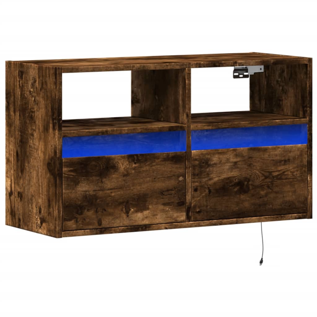 The wall mounted cabinet from the front, showing its smoked oak finish