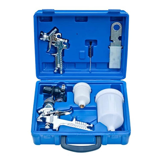 Two HVLP Spray Guns packed inside a blue plastic carry case with various accessories