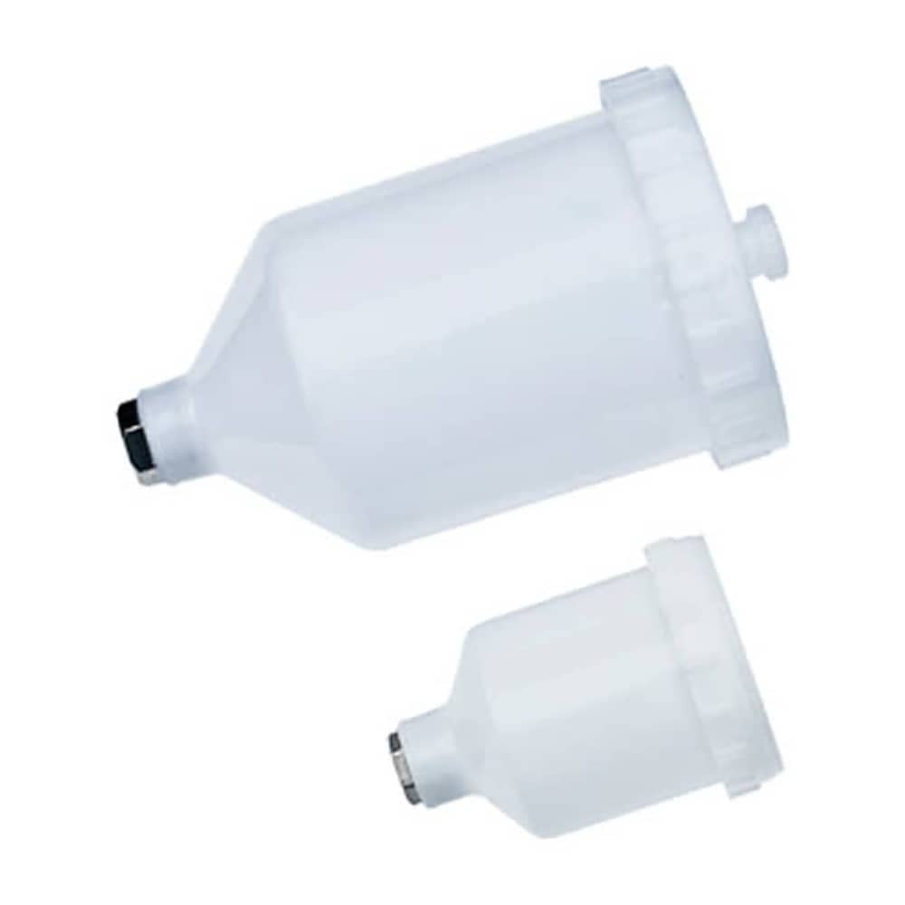Two HVLP Spray Guns, the two white plastic paint pots for the paint sprayers shown in different sizes