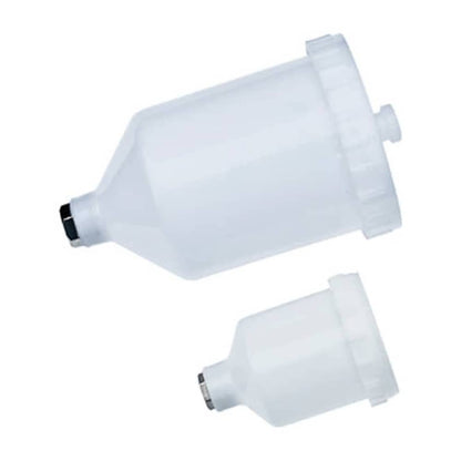 Two HVLP Spray Guns, the two white plastic paint pots for the paint sprayers shown in different sizes