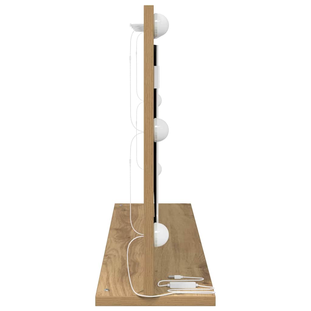 The vanity mirror showing the side profile with visible wiring and the wooden base