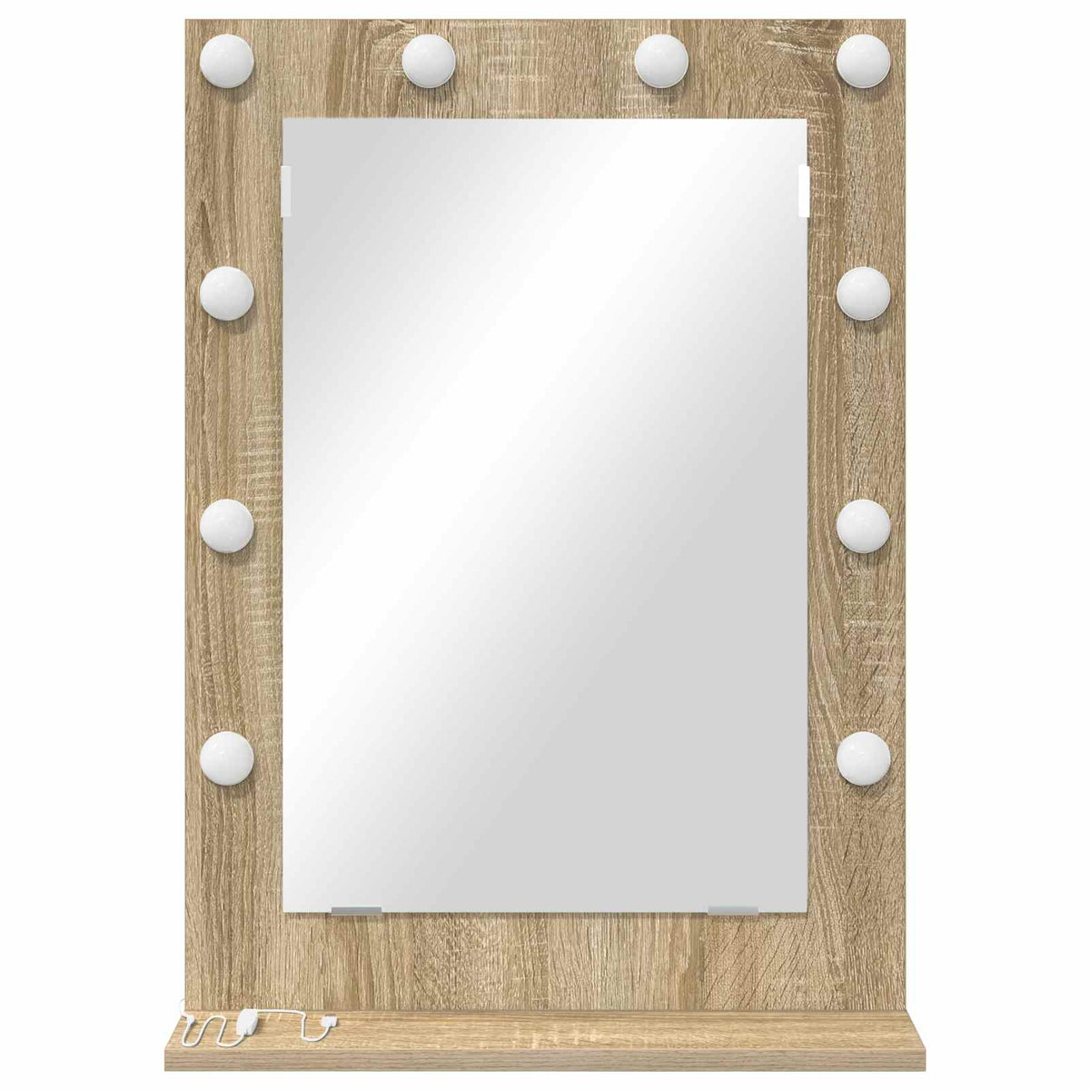 The vanity mirror with unlit bulbs and a power cable on the base