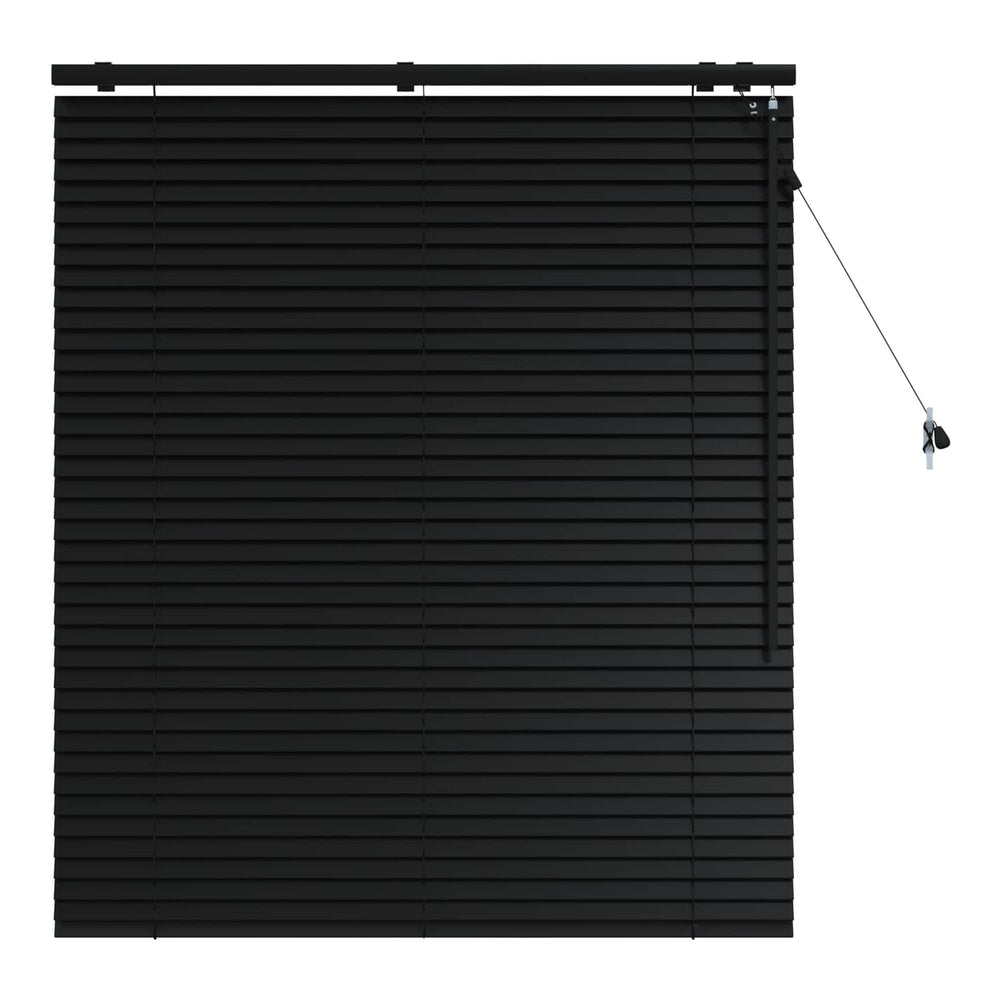 black venetian blind with slats closed, showing the full width