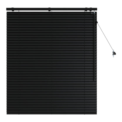 black venetian blind with slats closed, showing the full width