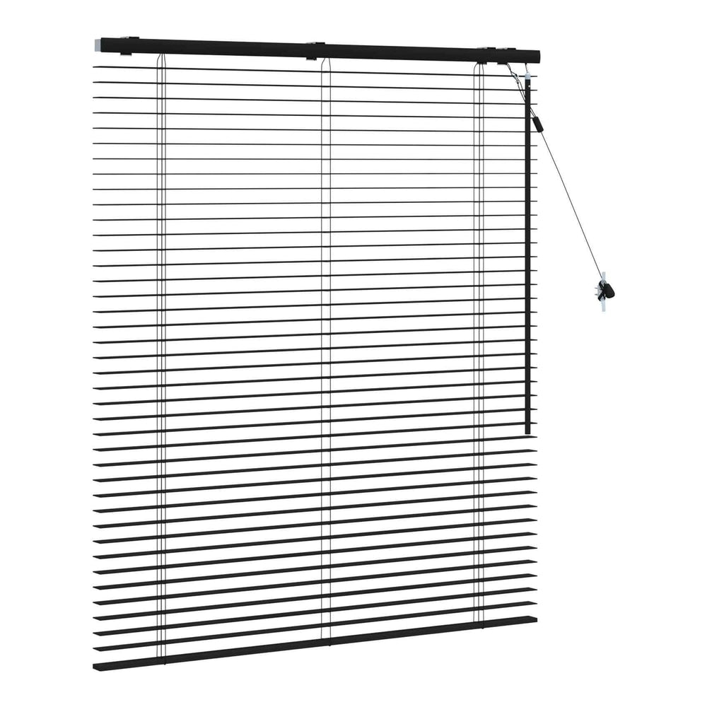 black venetian blind with slats open, showing the full height
