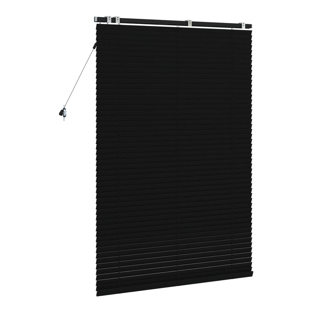 black venetian blind with horizontal slats angled open