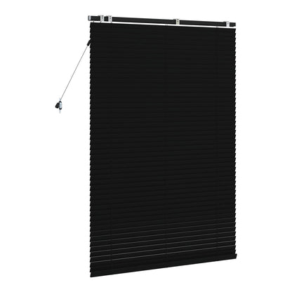 black venetian blind with horizontal slats angled open