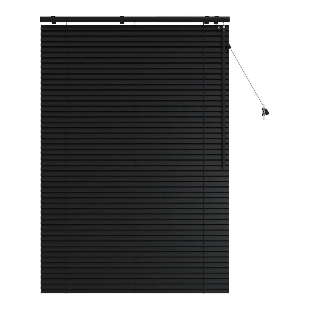 black venetian blind with horizontal slats fully closed