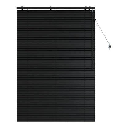 black venetian blind with horizontal slats fully closed