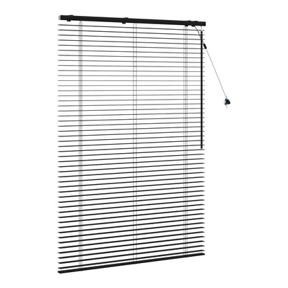 black venetian blind with horizontal slats partially open
