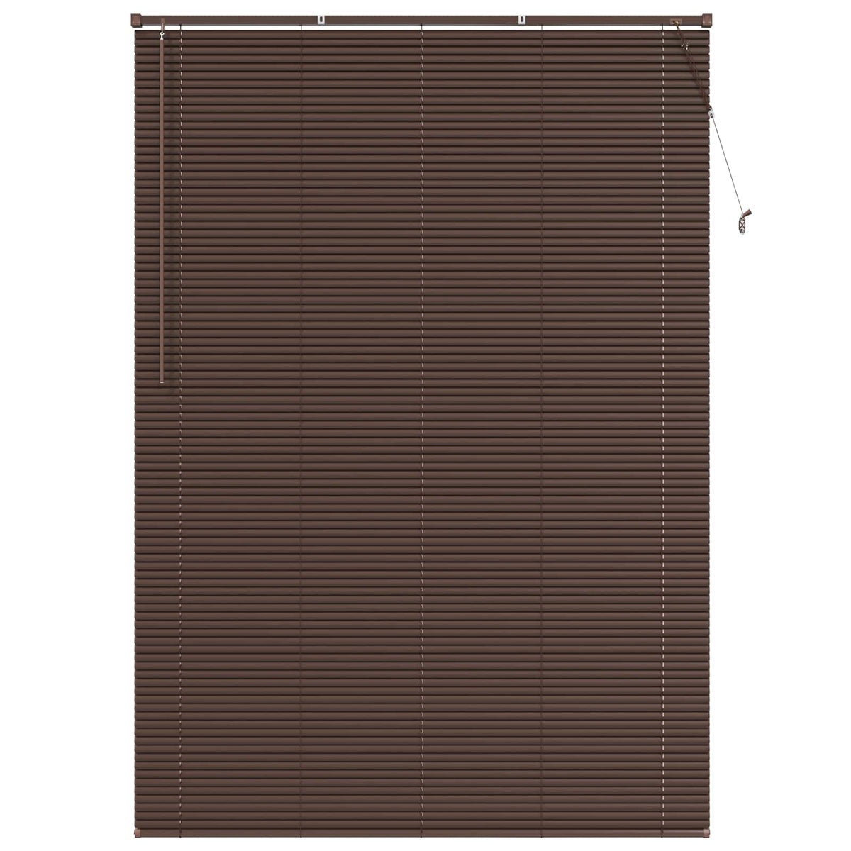Dark brown Venetian blind with a subtle pattern, fully lowered