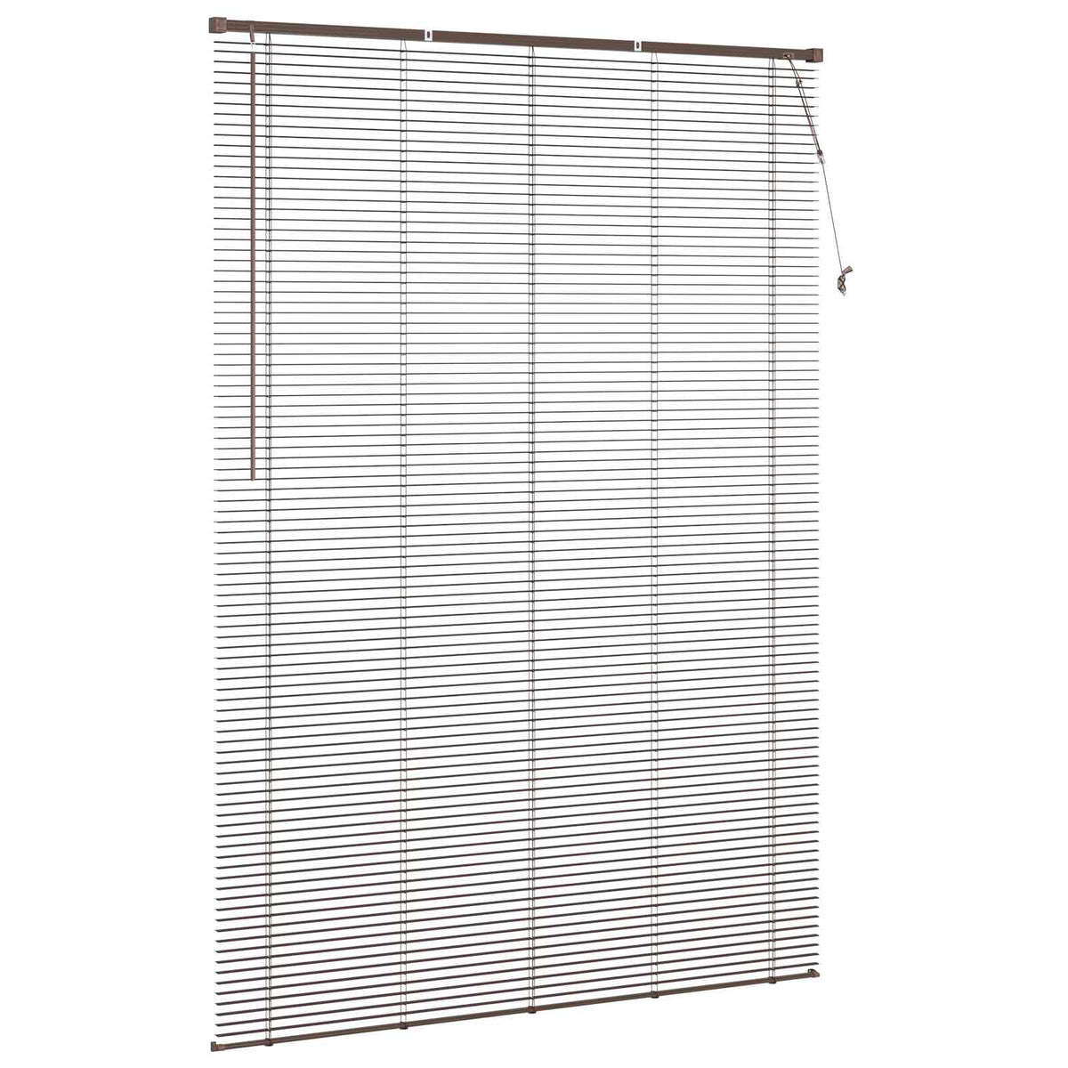 Dark brown patterned Venetian blind shown from a side angle