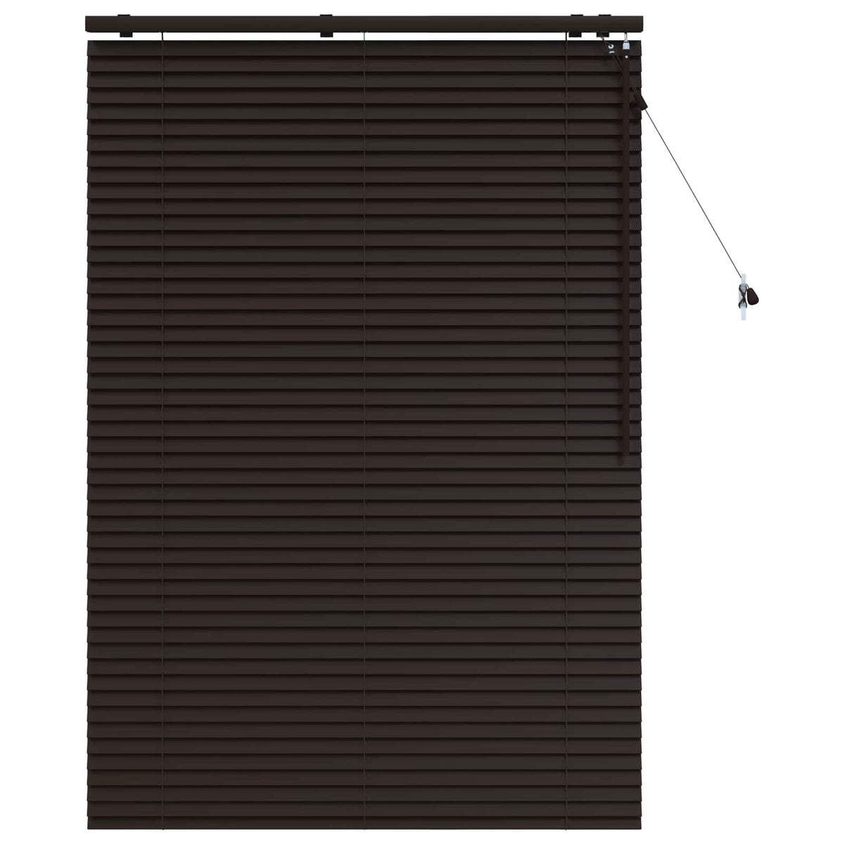 Dark brown Venetian blind with horizontal slats fully closed