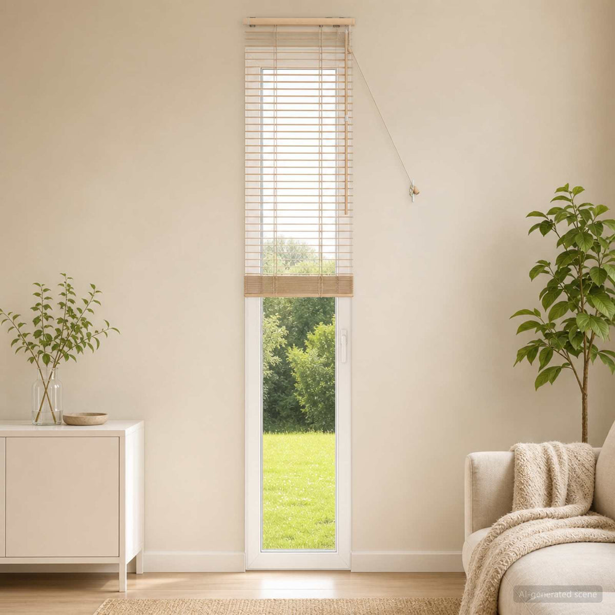 vidaXL Venetian Blind Oak Look 35 mm Solid Paulownia Wood installed on a narrow glass door in a room