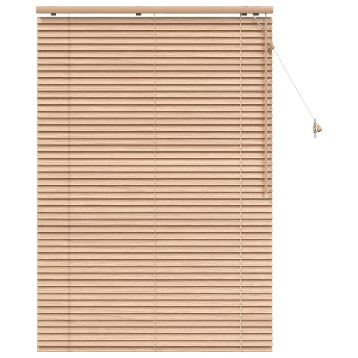 the oak effect venetian blind fully lowered, showing the slats