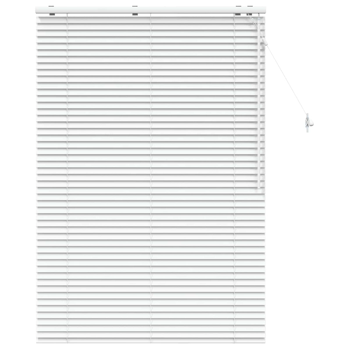 White Venetian blind with horizontal slats, showing the front