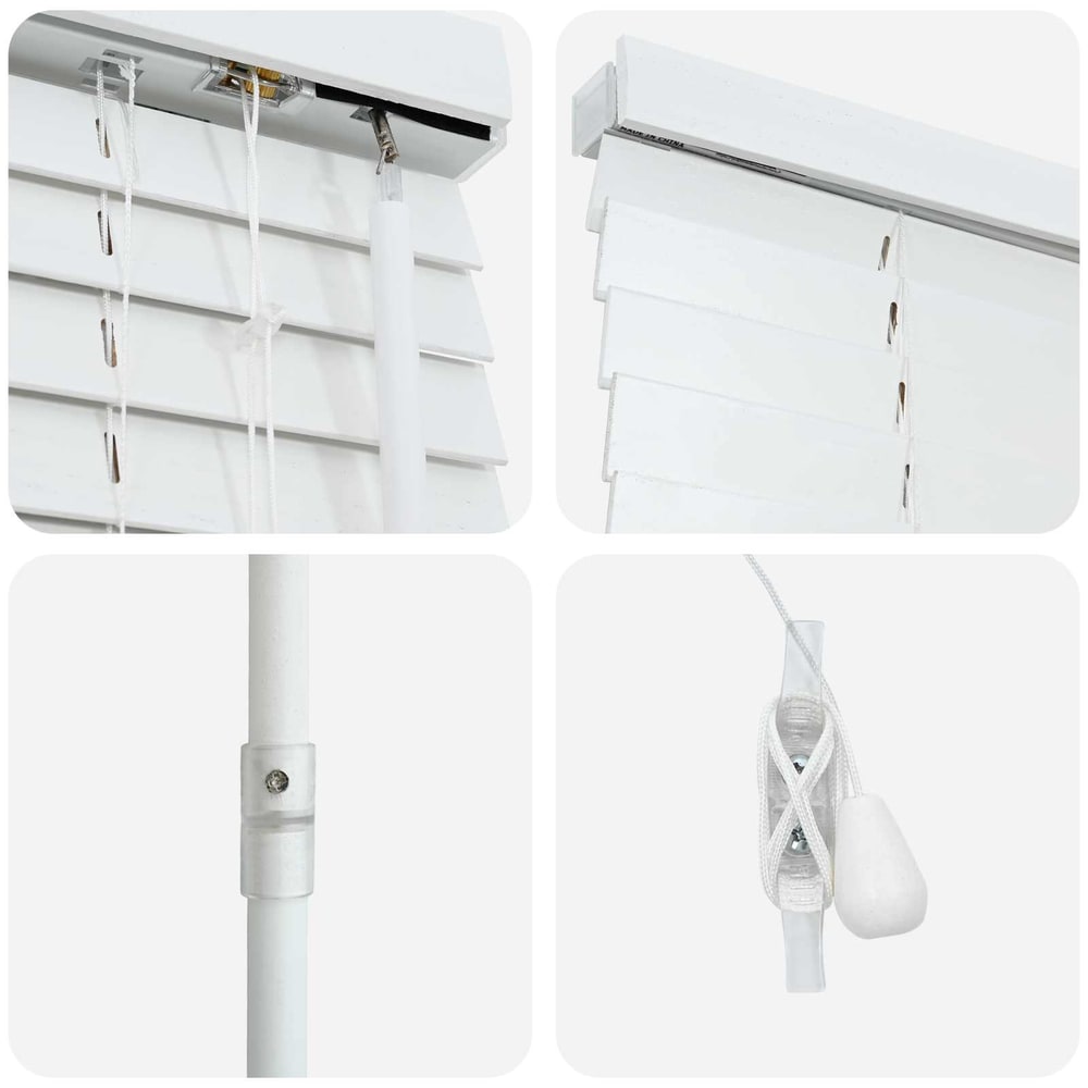 the window blind showing close-up details of the headrail, tilt wand, and cord mechanism