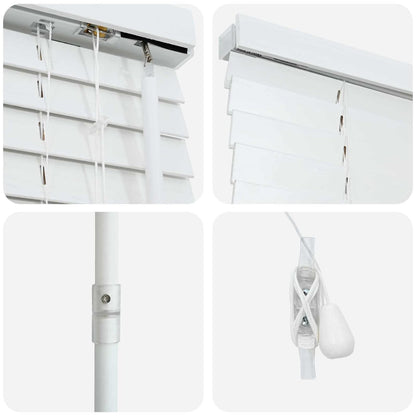 the window blind showing close-up details of the headrail, tilt wand, and cord mechanism