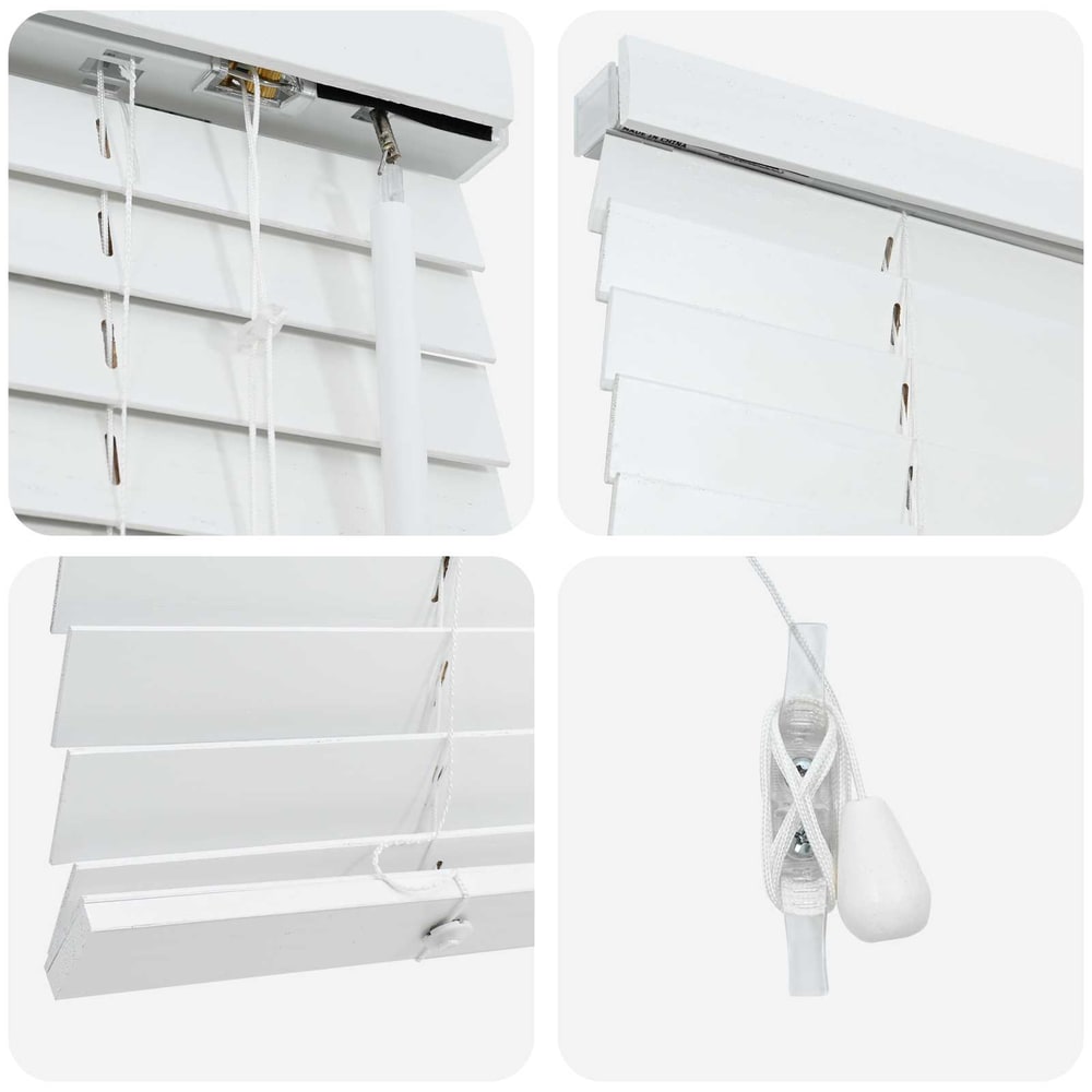 Close-up details of the white Venetian blind mechanism and slats