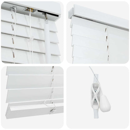 Close-up details of the white Venetian blind mechanism and slats