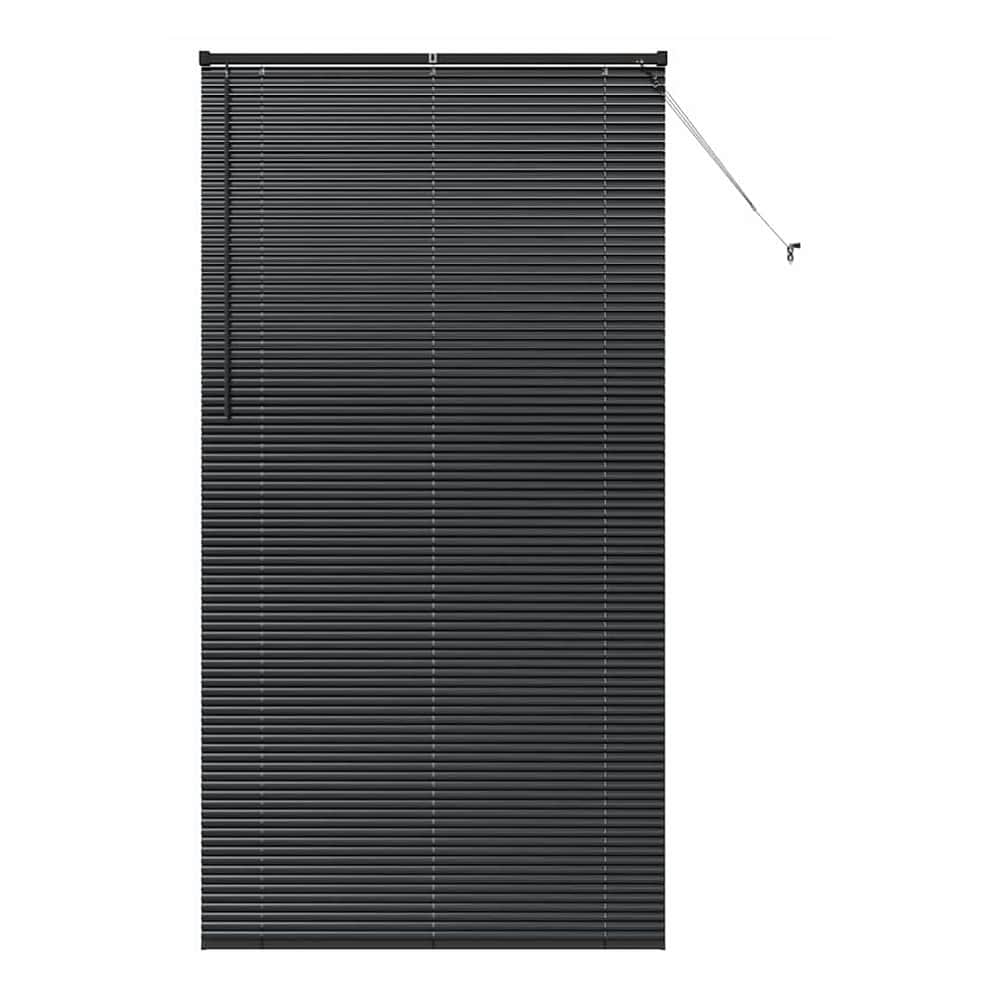 black aluminium venetian blind with horizontal slats fully closed