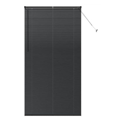 black aluminium venetian blind with horizontal slats fully closed