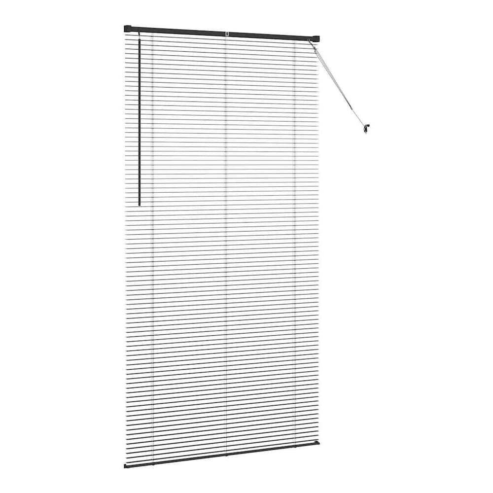 black aluminium venetian blind partially raised showing slats