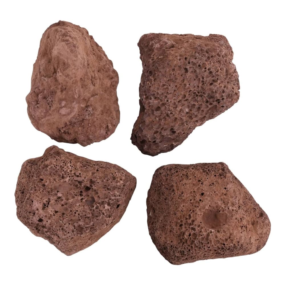 Four individual red volcanic rocks showing their porous texture