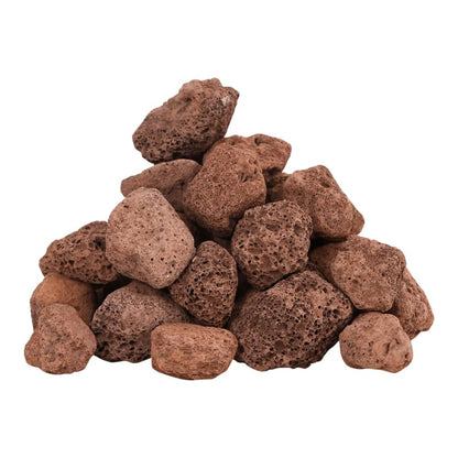 Close-up of a pile of red volcanic rocks, showing their porous texture and natural shape