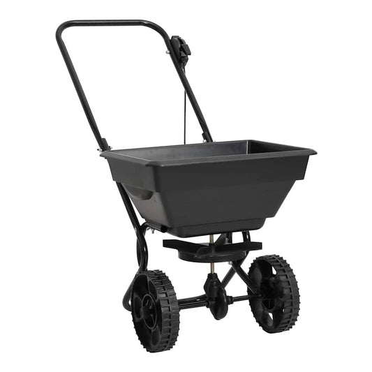 Walk Behind Salt Spreader PVC and Steel 15 L, a black wheeled spreader with a large hopper and handle