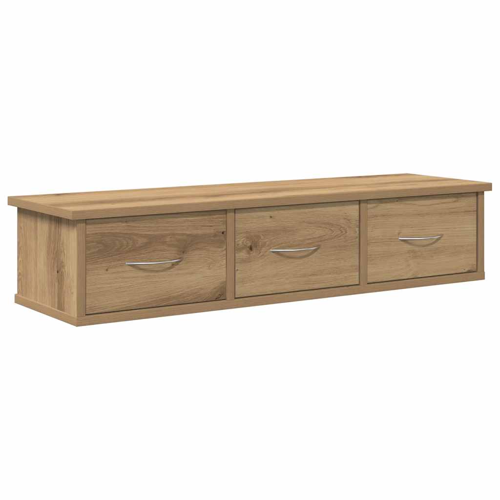 wall cabinet with three drawers and silver handles, artisian oak finish