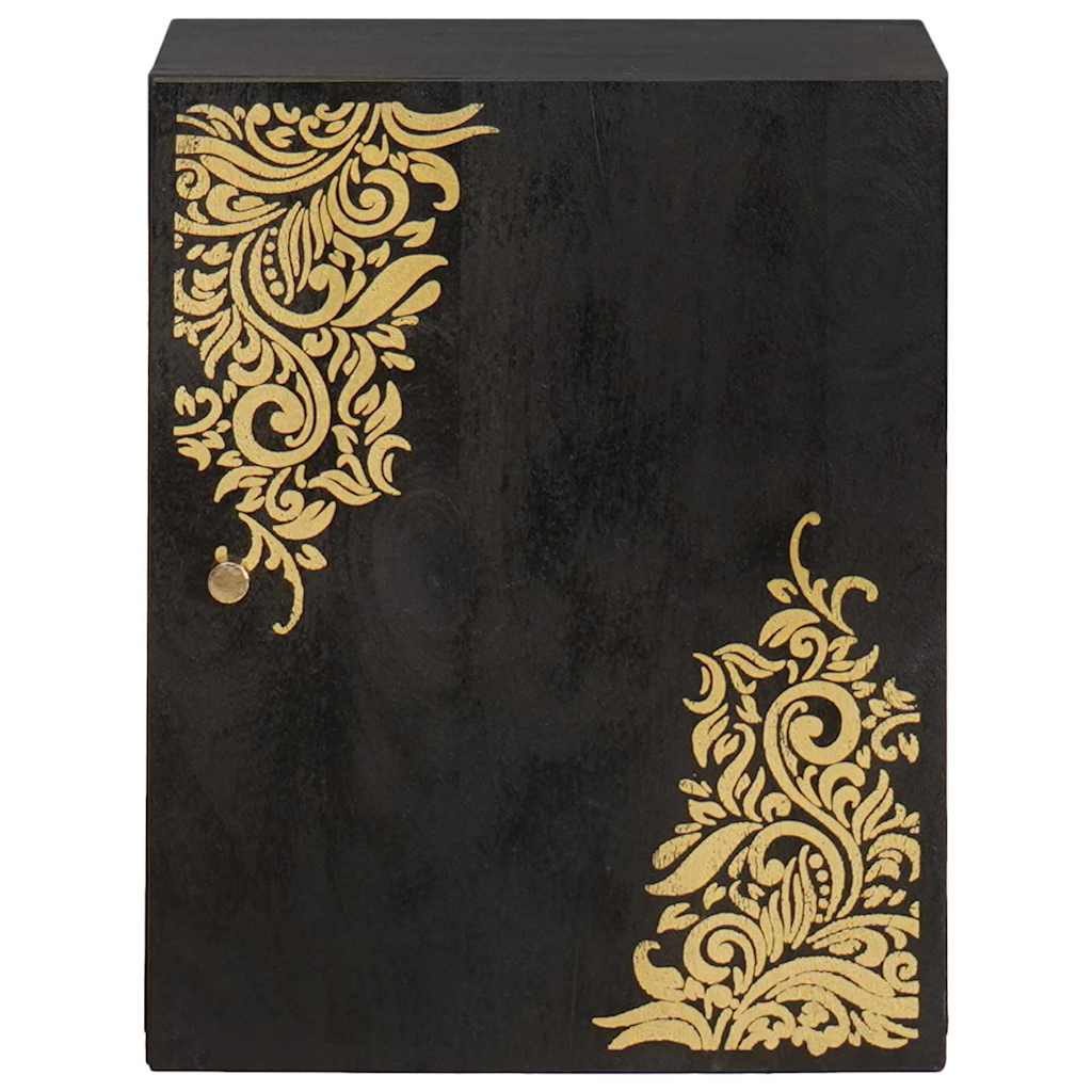 The black wall cabinet has gold decorative swirls on the front panel