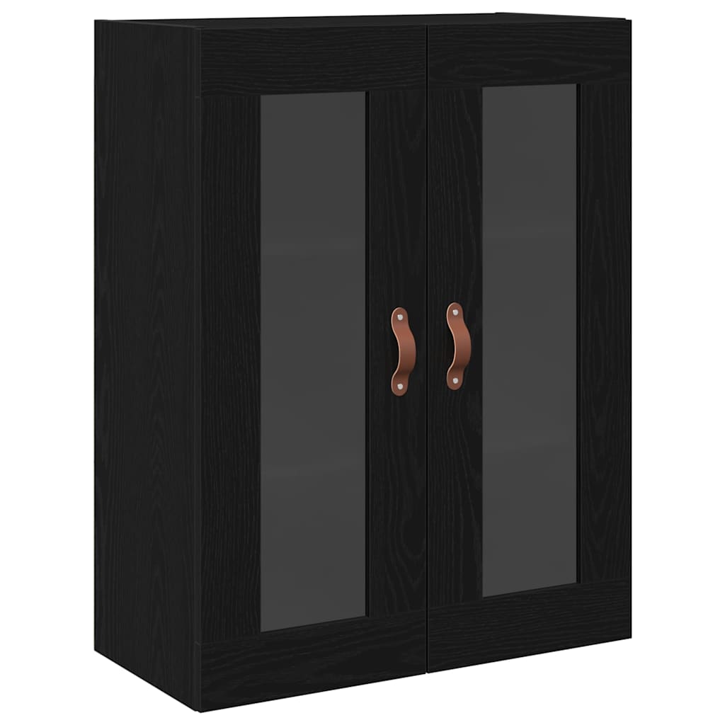 Black oak wall cabinet with two glass doors and leather handles, front view