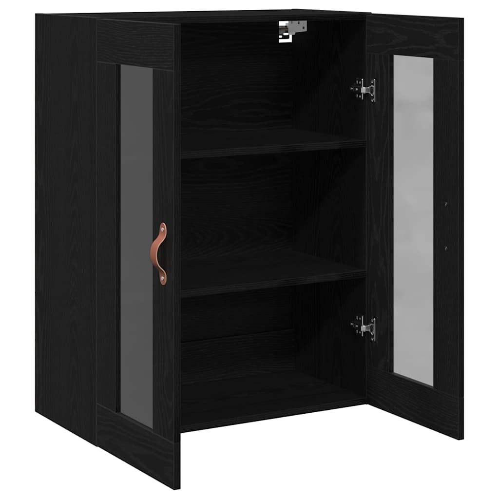 Open wall cabinet showing two shelves and glass doors