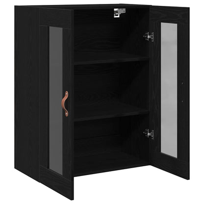 Open wall cabinet showing two shelves and glass doors