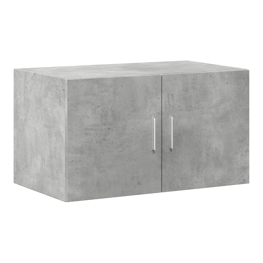 A concrete grey wall cabinet with two doors and silver handles, shown from the front