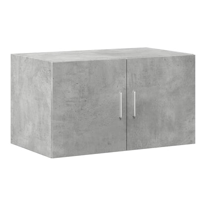 A concrete grey wall cabinet with two doors and silver handles, shown from the front