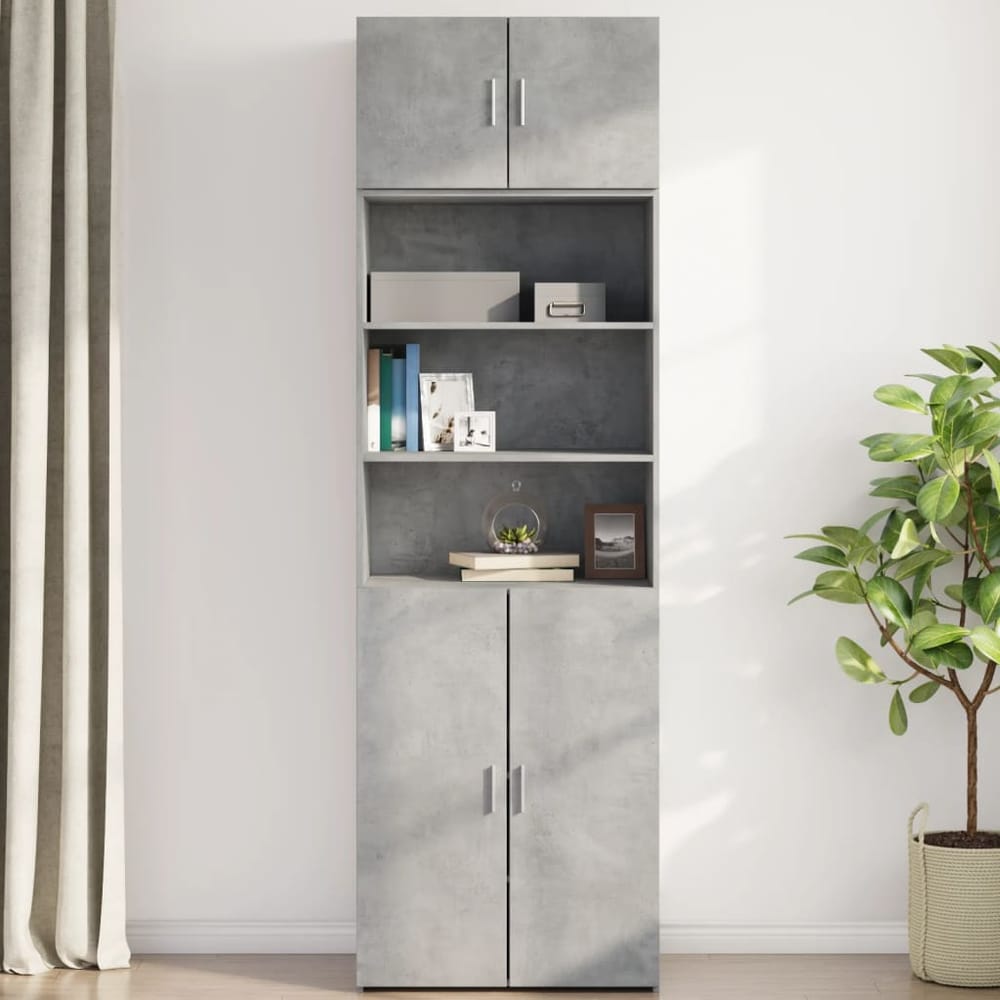 The concrete grey wall cabinet in a room with shelves filled with books and decorative items