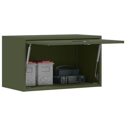 The storage cabinet with the door open showing the gas-lift mechanism and internal storage boxes