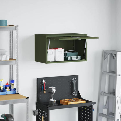 The wall cabinet with the door open installed in a workshop setting with tools and shelving