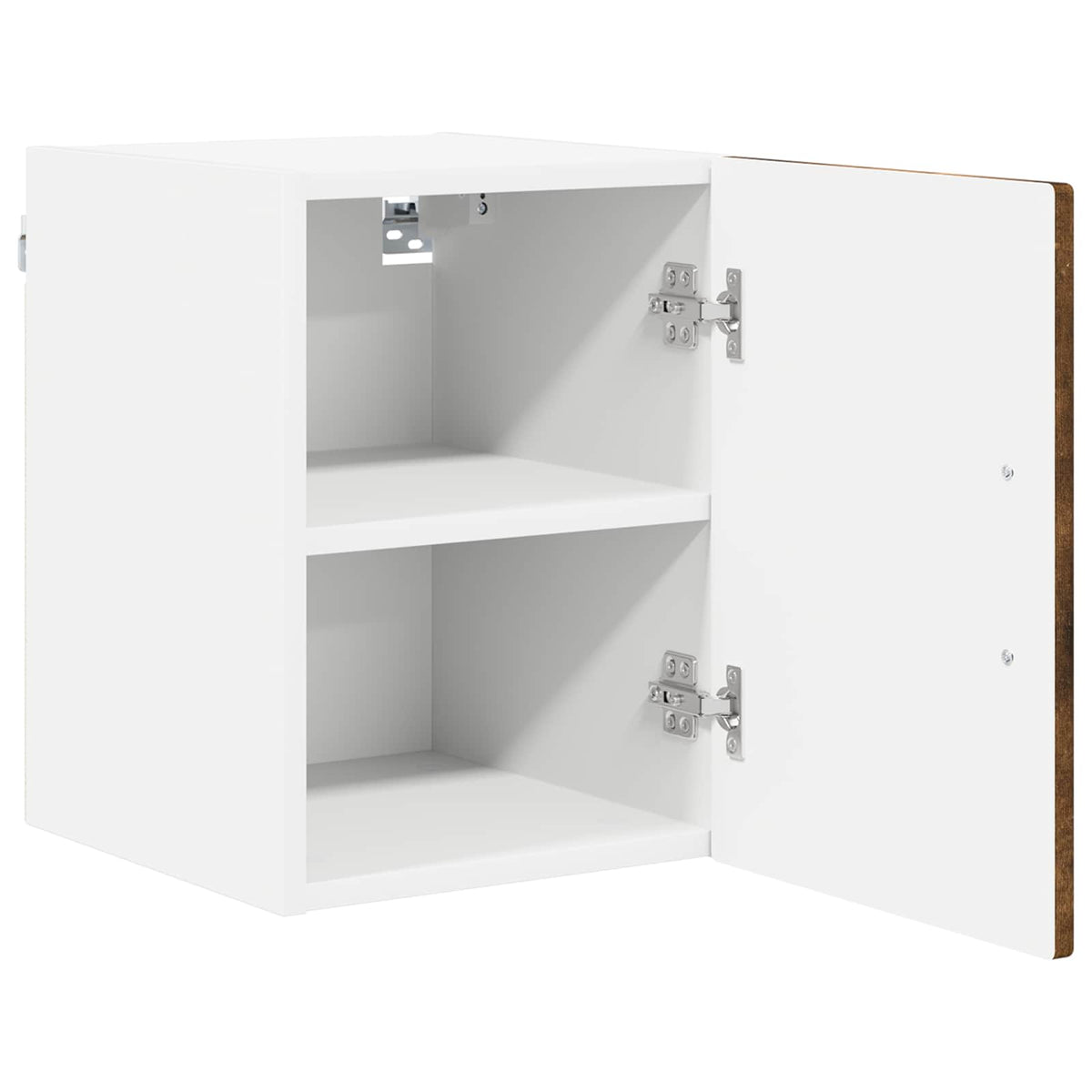 The kitchen cabinet with the door open showing the empty white interior and metal hinges