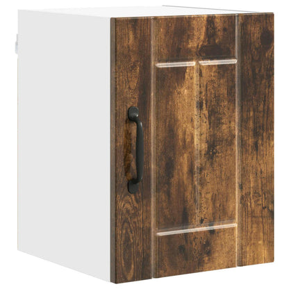 A single wall cabinet with a dark wood effect door and a black handle