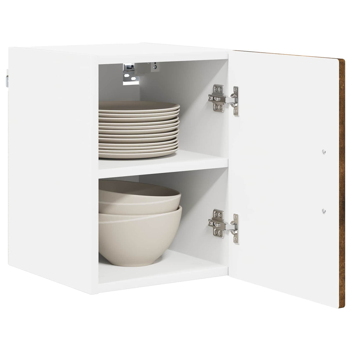 The kitchen cabinet with the door open revealing two shelves filled with plates and bowls