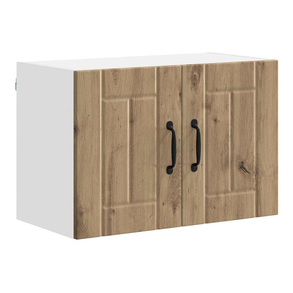 The wall cabinet with two doors and black handles, in an artisan oak finish