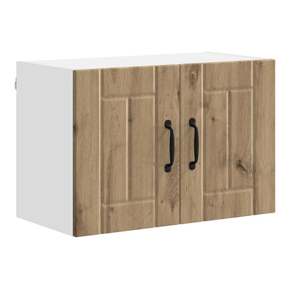 The wall cabinet with two doors and black handles, in an artisan oak finish