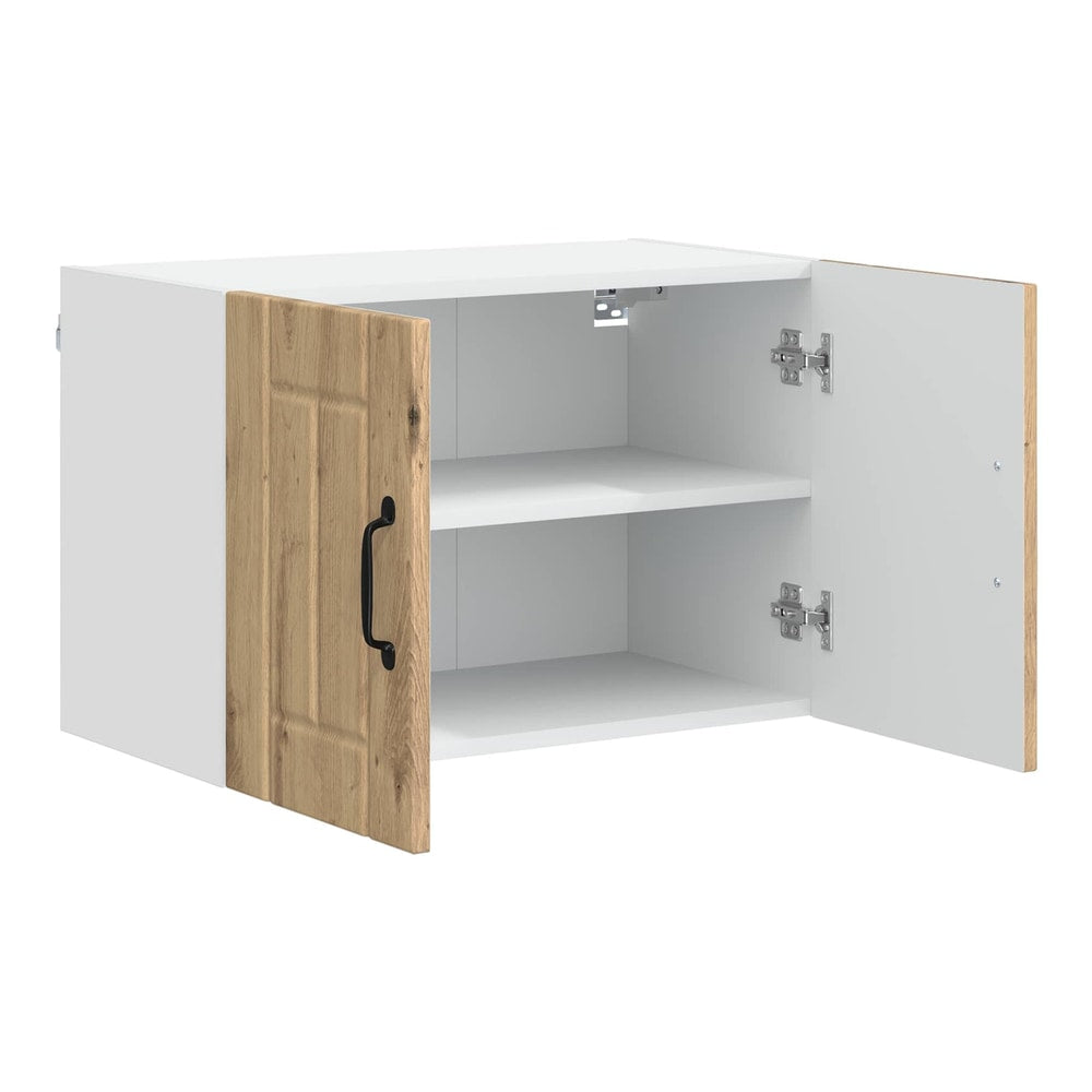 The wall cabinet with one door open, showing the shelves inside
