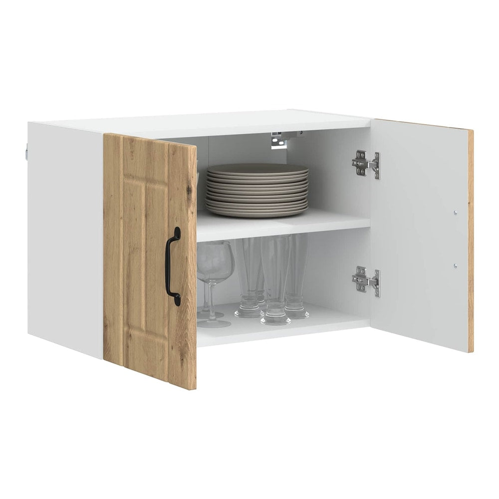 The wall cabinet with doors open, showing two shelves with glasses and plates