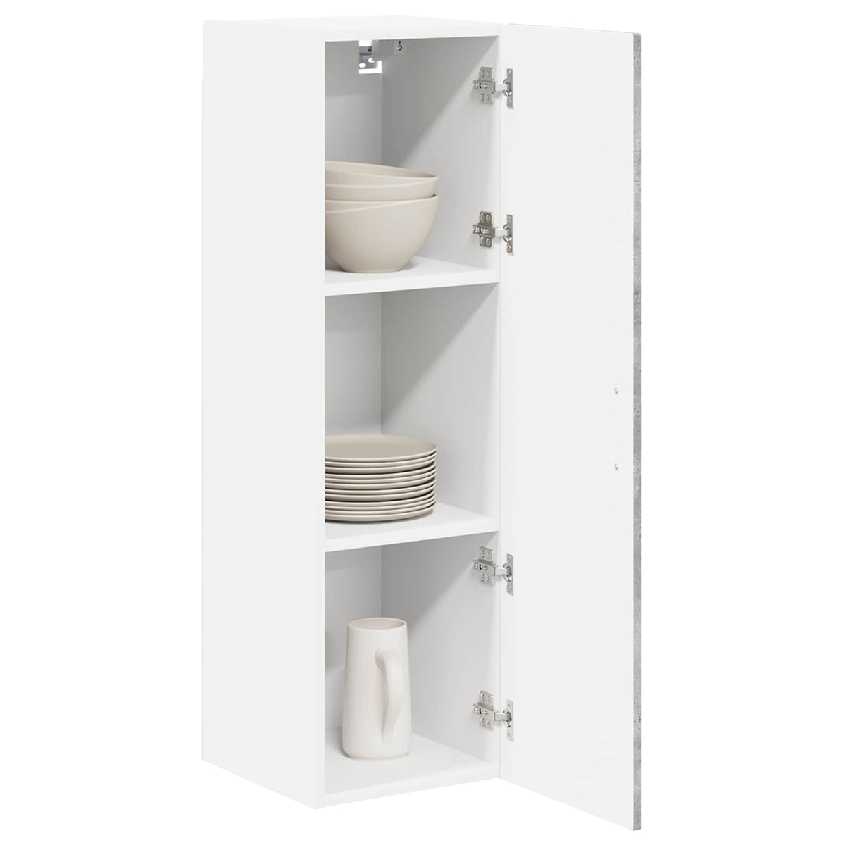 White kitchen cabinet with open door showing three shelves with bowls and plates